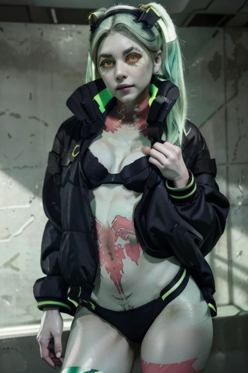 cprebecca, rebecca, beautiful full body girl standing and looking forward, round face, tender face, metallic-like skin, colored skin, white skin, green hair, twin tails, artificial eyes, green eyes, green iris, red sclera, black jacket, black bra, black panties