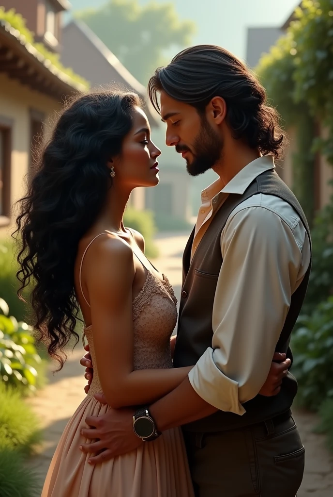 (detailed and intricate kiss, vibrant Colombian setting, blossoming flowers, warm sunlight, passionate embrace, flowing hair, sparkling eyes, joyful laughter, romantic atmosphere, traditional Colombian dress, traditional music, vibrant colors, cultural celebration, lively dance, enchanting scenery, captivating love story) (best quality, highres, HDR), (realistic,photorealistic:1.37), vivid colors, bokeh, studio lighting