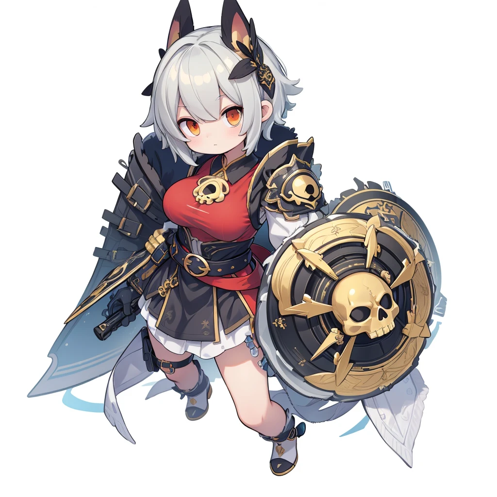 high quality，Q version，The head is proportionally large，girl，Gray blue short hair，Orange Eyes，black发卡，背后披着black大衣，Red T-shirt，There are four golden letters &quot;KING&quot; on the chest，Big Breasts，胸部black铠甲，Full body armor，Left arm holds a circular shield，There is a golden skull in the middle of the shield，Off-white belt，gold belt buckle，black超短裤，black，High heel，White background