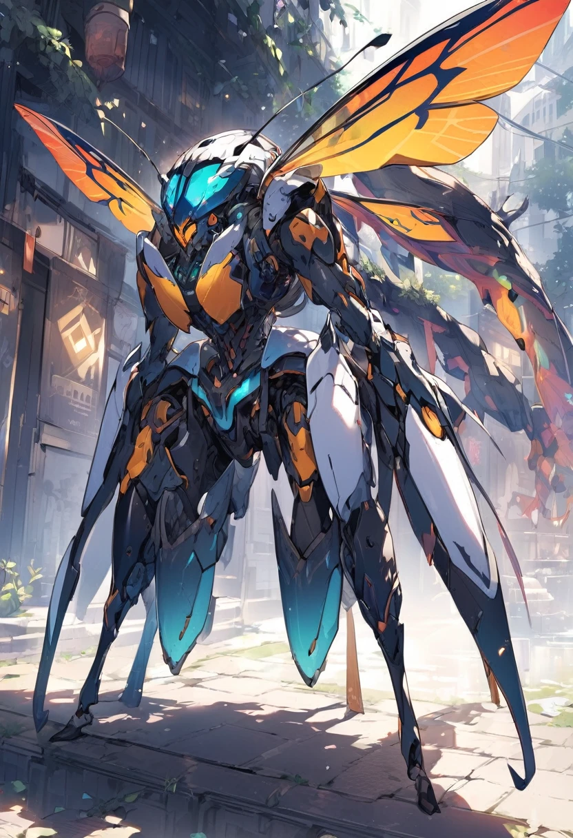 Mechanimal, a small bee robot, with mechanical strong wings, build by metal material with carbon detailed, cool pose on the ground, lightning eyes, forest ground as a foreground