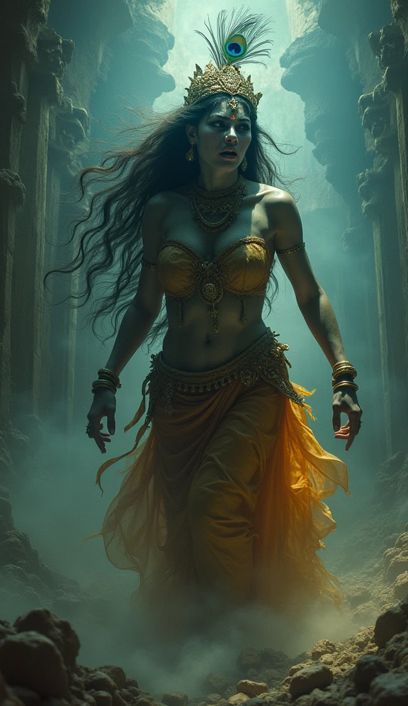 In the cemetery, a beautiful woman adorned with golden jewelry, Raj-Lakshmi, dances wildly, her face showing sorrow as she cries without tears. She is surrounded by darkness, her figure illuminated by a ghostly light. Veeravar stands nearby, watching in concern."