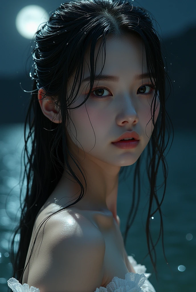 Ulchan-6500-v1.1, (raw photo:1.2), (Photoreal), Beautiful detailed girl, Very detailed目と顔, beautiful and fine eyes, Huge file size, High resolution, Very detailed, of the highest quality, [masterpiece:1.6], lightning, Very detailed, CG, finally, of the highest quality, 8K Wallpaper, movie lighting, 1 girl, 17 years old, perfect body shape, big and firm chest 、【huge tit、heavy chest】、Beautiful droopy eyes、Beautiful big eyes、sweaty and wet、【sexual excitement:1.6】、(the whole body is wet:1.2)、There&#39;a light in my eyes、short hair、high school girl、(completely without clothes,in position of 4 、Navy blue Japanese student swimsuit:1.3)、pool、dynamic pose、giant edge figure , a man feeding a huge cock through his mouth.