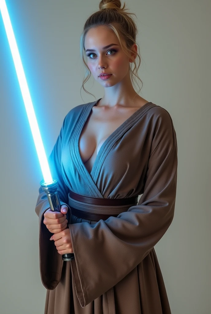 Star Wars, Jedi Master, woman, Beauty, Cute face, Light brown hair tied up in a bun, Wearing a Jedi robe, Lightsaber in hand, The blade burns blue, Jedi Temple Ultra High Resolution, photograph, 4K, Absurd, ((masterpiece, Highest quality)), (wallpaper), (8k hd),One Girl, Long Hair, Short braid, Curvaceous figure, Tight waist, Cleavage, smile, View your audience, Blushing, Shiny skin, Large Breasts, Huge breasts,
