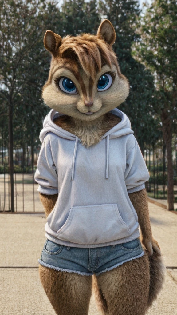 score_9, score_8_up, score_7, score_6, park, brittany miller, chipmunk, furry, short ears, blue eyes, white hoodie, jean shorts, standing, looking at viewer, 6 inches tall