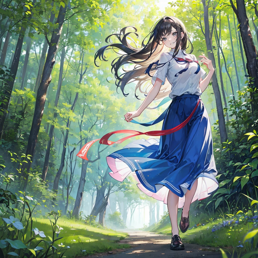 high resolution, (Official Art, Beautiful and aesthetic: 1.2), A closer look, The Wide World, girl, running, Refreshing smile, Long skirt, Distant Horizon, The Forest, Natural Beauty, inspiration, Lighting Effects  