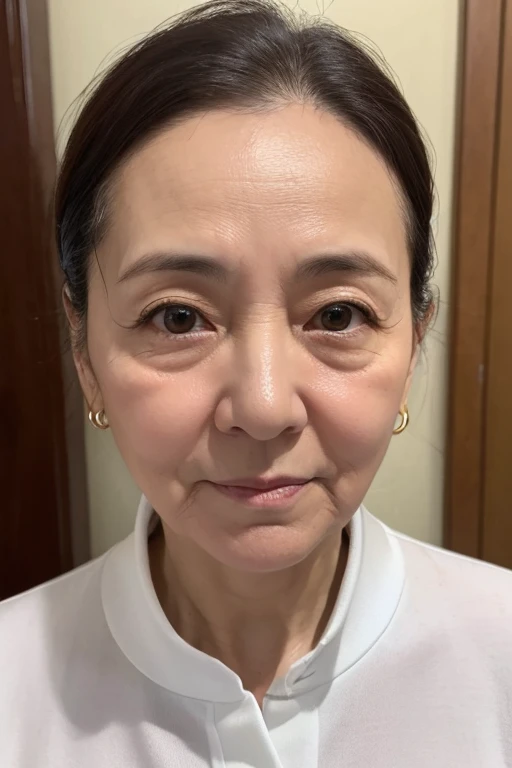 politician、43-year-old woman、Front of face、ID photo、Silver Formal Wear、Low Ponytail、Wrinkled face