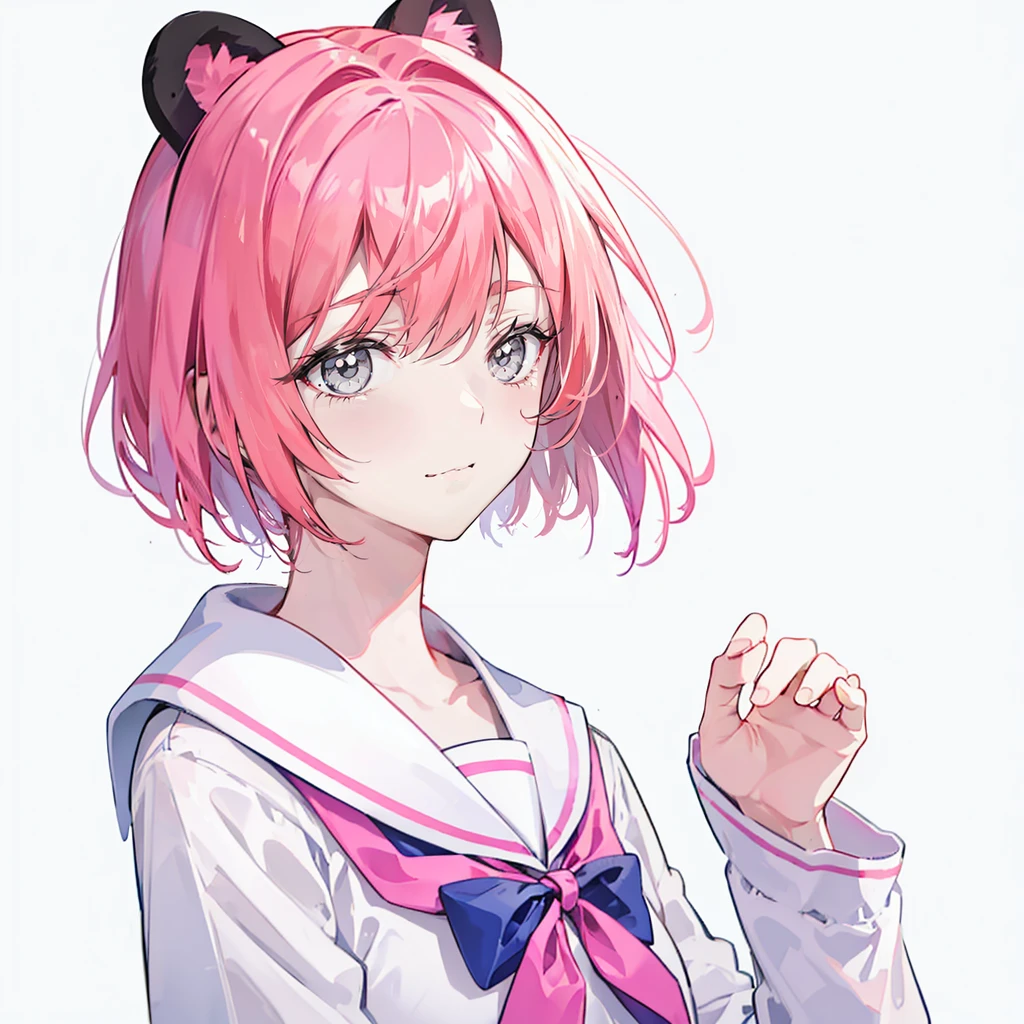 Ski style, 1 Girl, Solitary, Pink Hair, Animal ears, Blue Eyes, wing, Looking at the audience, mole, Bangs, Short hair, bow, Sailor collar, Simple background, white Sailor collar, mole under mouth, hair bow, pink bow, Shut up, shirt, white shirt, Bear ears, Bob, mini wing, Gray background, portrait, detached wing, cosmetic, Upper body, White background