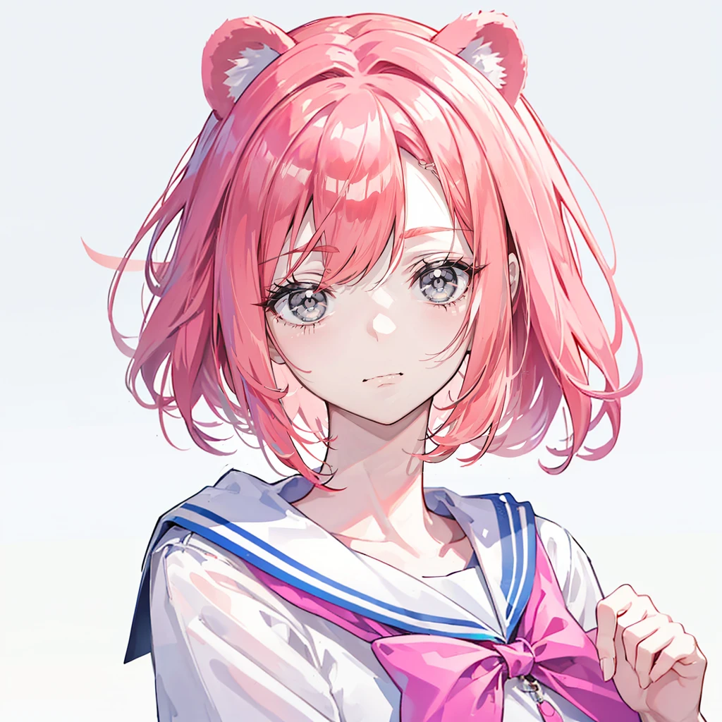 Ski style, 1 Girl, Solitary, Pink Hair, Animal ears, Blue Eyes, wing, Looking at the audience, mole, Bangs, Short hair, bow, Sailor collar, Simple background, white Sailor collar, mole under mouth, hair bow, pink bow, Shut up, shirt, white shirt, Bear ears, Bob, mini wing, Gray background, portrait, detached wing, cosmetic, Upper body, White background