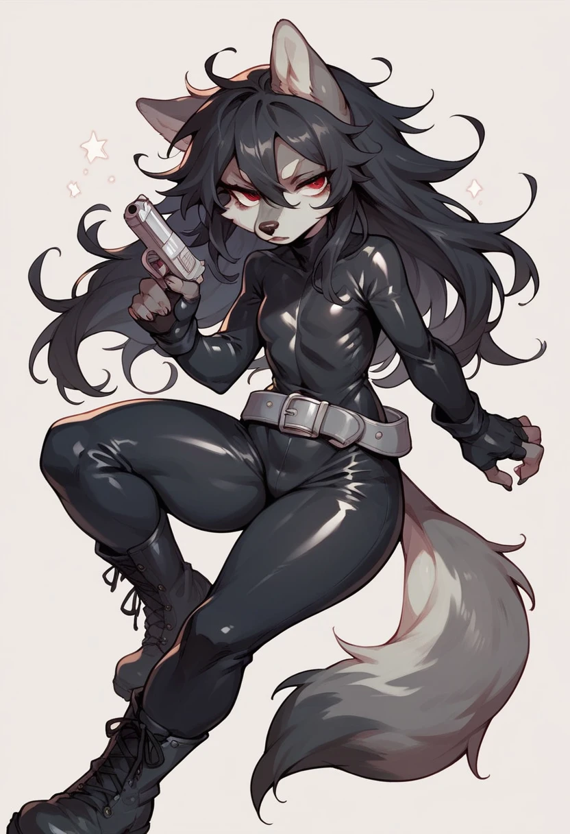 female, black long hair, hazel eyes, German Shepard ears, German Shepard tail (((1girl))), (((brown leotard))), (black cybernetic gloves), (black thigh high tactical belt), (black boots), cute and sexy, full body, large breasts, large butt, long legs, smiling