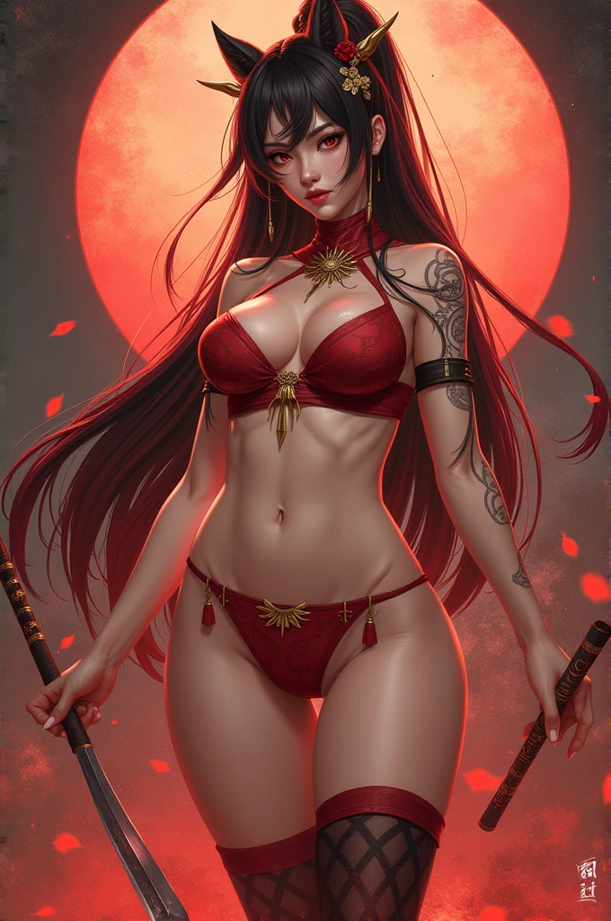(best quality,4k,8k,highres,masterpiece:1.2),ultra-detailed,(realistic,photorealistic,photo-realistic:1.37),sexy oriental girl ninja with a mask,detailed eyes and lips,sleek black hair flowing in the wind,athletic and fit physique,confident expression,leather bikini with intricate patterns and textures,fishnet stockings,thigh-high leather boots,dual katana swords glimmering with intricate engravings,mysterious fog surrounding her,ancient Japanese-inspired garden background,subtle cherry blossom petals drifting through the air,vivid color palette with deep reds and rich golds,dramatic lighting casting shadows on her face and body,subtle highlights accentuating her curves,enhanced contrast to bring out the details,striking composition focused on her powerful stance and alluring gaze