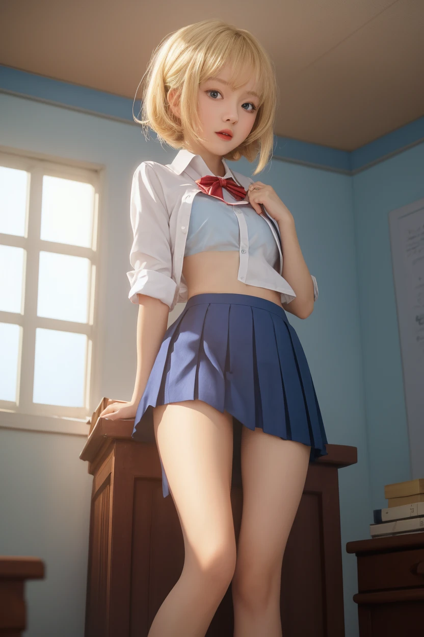 white hair girl, braided hairstyle, short hair, Very special hairstyle, seductive hairstyle, elegant hair, Seductive blue eyes, seductive face, exhausted face, Ahegao, seductive smile, white eyelashes, in the classroom, only one for,blue eyes, co-worker wavy strawberry blonde hair, short hair, full body view, anime face, blouse, Skirt, schoolbag, earrings, elegant haircut, realist, detailed, pin up, co-worker, ((full body view))((brunette cm green eyes slim but curvy,  cup c, round nipples, slightly hairy vulva, open legs