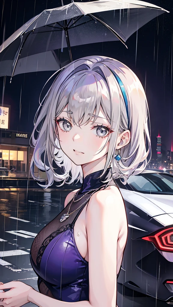 Quartz. Louis (Luxury wheels) (Azur Lane), Hair accessories, portrait, Silver dress, Revealing clothes, necklace, Blue nails, Cityscape, night, rain, Wet, (maQuartzerpiece:1.4),(beQuartz quality:1.4),realiQuartzic,Fashion Girl,cosmetic,Red lips,Looking at the audience, Solitary,earrings,8K,beQuartz quality, maQuartzerpiece, Purple Eyes,Beautiful light,A supercar in the background,