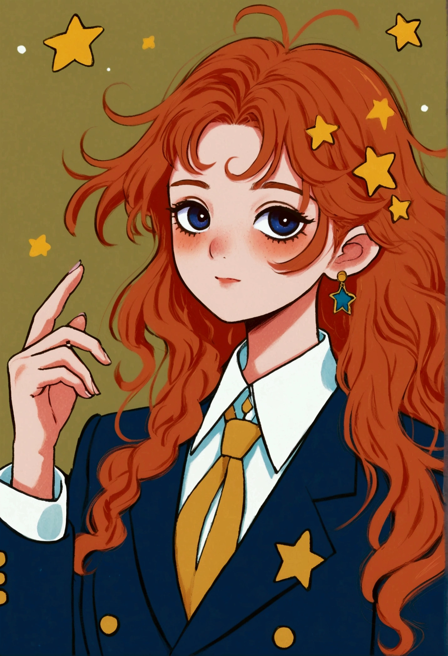 cartoon girl with red hair wearing a blue suit and a star, retro anime girl, cute art style, cute portrait, beautiful portrait of nami, delicate androgynous prince, anime style portrait, madeline from celeste, lofi portrait, tatsumaki, portrait of magical girl, marin kitagawa fanart, character portrait of me, beautiful androgynous prince