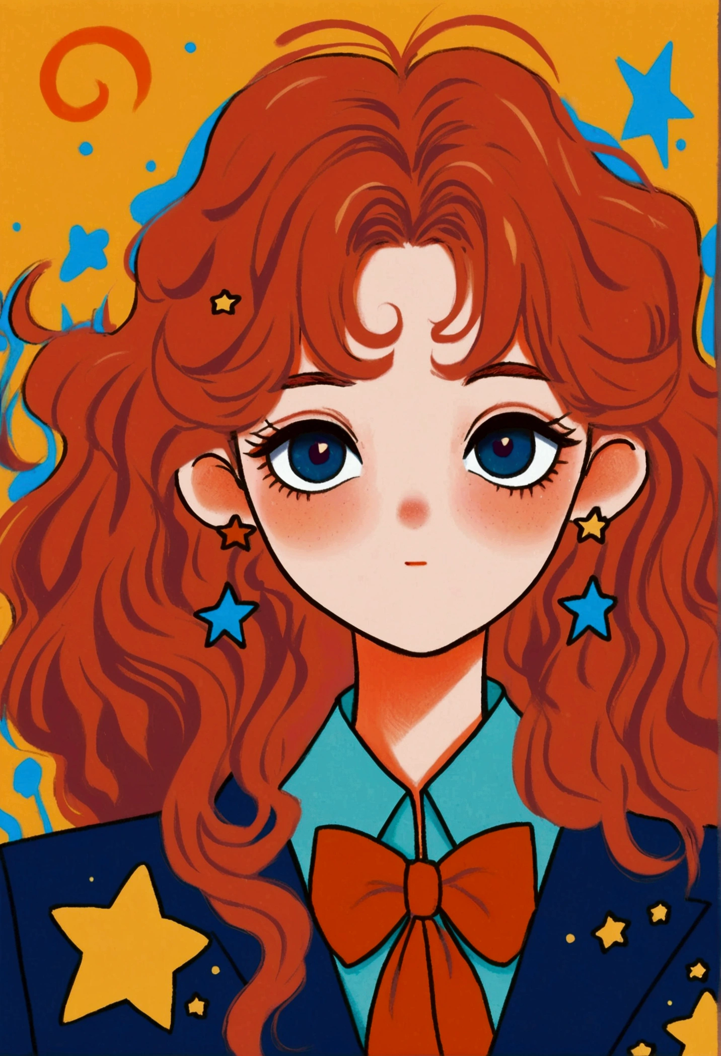 cartoon girl with red hair wearing a blue suit and a star, retro anime girl, cute art style, cute portrait, beautiful portrait of nami, delicate androgynous prince, anime style portrait, madeline from celeste, lofi portrait, tatsumaki, portrait of magical girl, marin kitagawa fanart, character portrait of me, beautiful androgynous prince