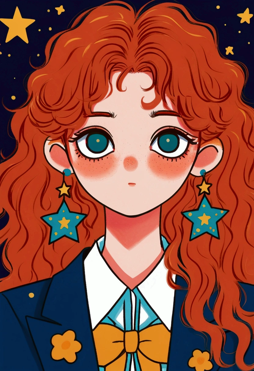 cartoon girl with red hair wearing a blue suit and a star, retro anime girl, cute art style, cute portrait, beautiful portrait of nami, delicate androgynous prince, anime style portrait, madeline from celeste, lofi portrait, tatsumaki, portrait of magical girl, marin kitagawa fanart, character portrait of me, beautiful androgynous prince