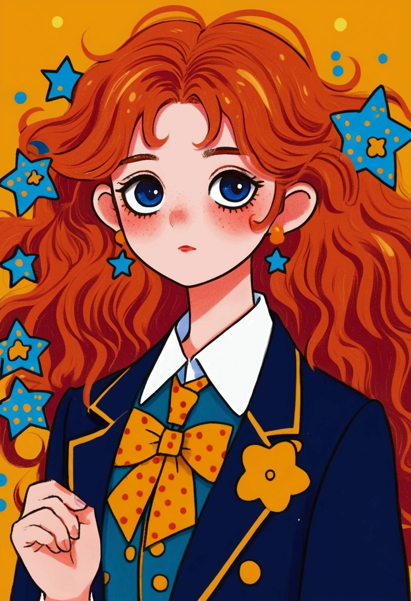 cartoon girl with red hair wearing a blue suit and a star, retro anime girl, cute art style, cute portrait, beautiful portrait of nami, delicate androgynous prince, anime style portrait, madeline from celeste, lofi portrait, tatsumaki, portrait of magical girl, marin kitagawa fanart, character portrait of me, beautiful androgynous prince