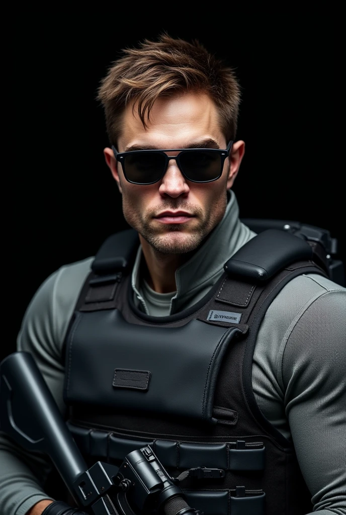 chris redfield, a very handsome young man, sunglasses, wearing a gray shirt, on a black background