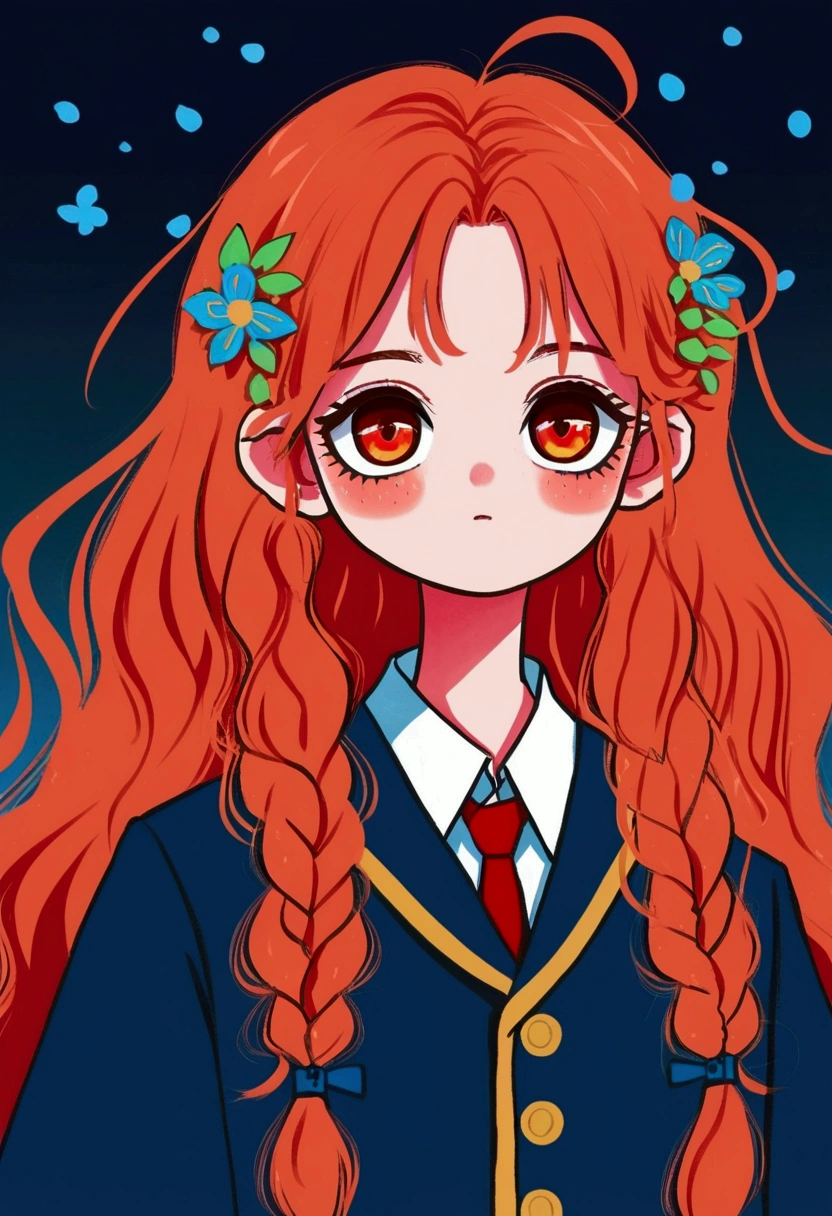 anime girl with long red hair and a blue jacket, marin kitagawa fanart, digital anime illustration, anime art style, anime style illustration, anime style portrait, flat anime style, cute art style, demon slayer rui fanart, magic school uniform, in an anime style, fanart, official fanart, anime style character, portrait knights of zodiac girl, anime moe artstyle