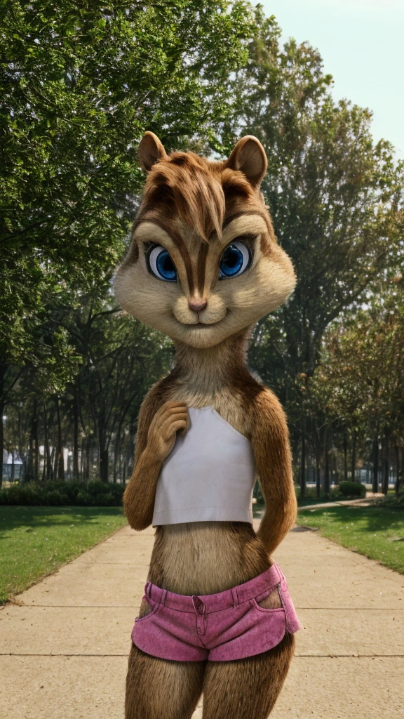 3d render, unreal engine, 4k, 8k, perfect eyes, Brittany Miller, chipmunk, Squirrel, full body, female, ponytail hairstyle, smiling, pretty, cute, adorable, (photorealism:1.2), blue eyes, pupil, white sclera, park, sitting on bench, detalied fur, solo, solo focus, perfect anatomy, detalied background, neck tuft, slim body, pink top, pink skirt, spread legs, by pixelsketcher, perfect eyes, anthro, young, presenting arms