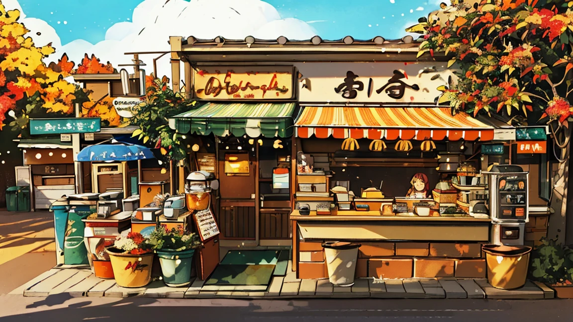 autumn leaves, coffee shop facade, red awning, sidewalk covered with leaves, large tree with orange foliage, outdoor cafe menu board, urban setting, warm lighting, shadows cast from tree, cozy and inviting atmosphere, bright blue sky caption this image: In a picturesque street adorned with vibrant orange leaves, a charming coffee shop with a red awning invites visitors in with its cozy ambiance and outdoor menu board, under the warm autumn sunlight.