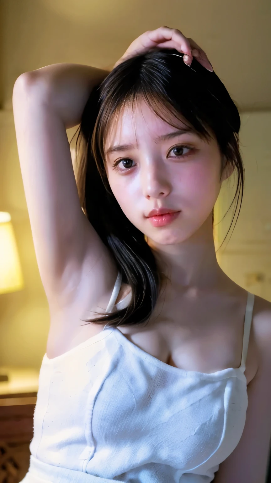 memory correction:255, Everything modern:1.66, Cute Japanese Women Photos, smile:1.78, 20 years old, Straightening oil, One Length Hair＆Hair Balm:1.55, (photo Realistic:1.4), (hyper Realistic:1.4), (Realistic:1.3), (Smooth lighting:1.05), (Improving the quality of cinema lighting:0.9), 32K, 1 person,20 years oldの, Realistic lighting, Backlight, The light shines on your face, Ray Tracing, (Bright light:1.2), (Improved quality:1.4), (Highest quality Realistic textured skin:1.4), fine grain, Detailed face,(smile:0), (Emphasise close-ups of the face:1.3), (Enhances the beauty of skin texture:1.1),((Extremely precise and accurate anatomy:1.0)), (Enhances the beauty of skin texture:1.1), Clean, glowing skin, mesh, thin:1.2, (Realistic:1.3), Realisticなライティング, (Smooth lighting:1.05), 32K, One Japanese woman, fine grain, Detailed face, (Film Grain:1.1),(Accentuates body lines:1.1), High resolution, Natural look, Kind eyes, Improves hair quality, Delicate light and shadow, Transparent muscles, Graceful pose, beautiful eyes, Sharp details, Soft light reflection, Beautiful contours, Delicate skin tones, Thin hair,Cute Japanese Women Photos,Place your hands behind your head.,White camisole,side,Shooting from a distance,smile,Black Hair, bedroom, Lying in bed,