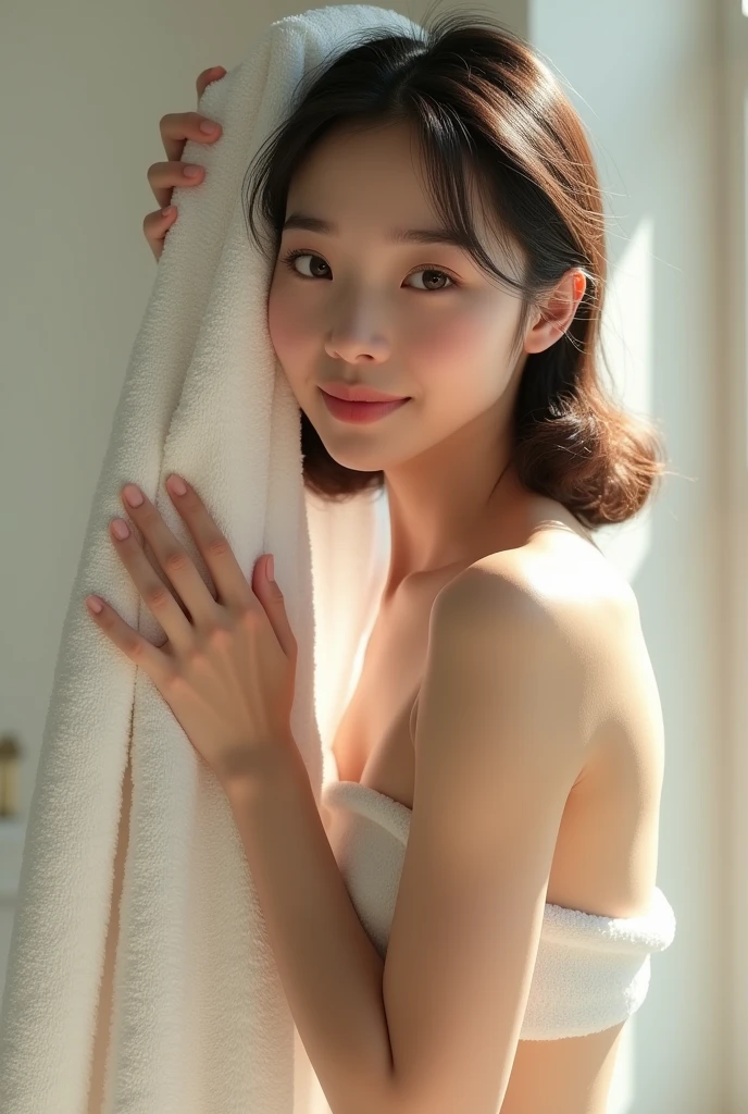 (nsfw:1.5)、masterpiece、highest quality、super realistic、Ultra high definition、8k、Raw photo、textured skin、Girl taking a shower of、(、medium bob hair、bangs、black hair、floating hair、slim、delicate body、skinny、glare、blush:1.2)、(naked towel:1.4),(white towel:1.2),(fluffy towel:1.7)、wet and shiny skin、shower room、hazy with steam、(Natural light、strong sunlight、Backlight、flare、film grain、cowboy shot、profile、It&#39;s blurry、super long shot、ultra wide angle、Sigma 85mm F/1.4)、finder