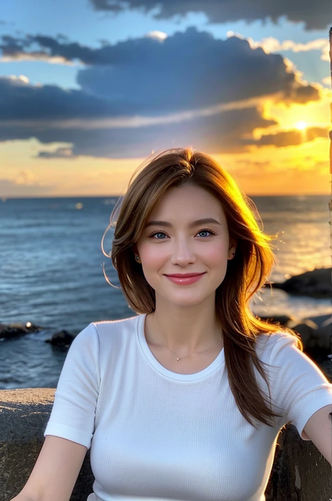 1 girl, hairpins, earrings, jewelry, brown hair, looking at the audience, lips, playful, sitting in front of the drawing board, painting, thighs, whole body, in a sea of flowers or on the beach, she is wearing a white long dress, slightly sideways face, hands caressing long hair, gentle eyes, smiling, as if admiring the beauty of nature, such a photo will definitely make people feel her beautiful and innocent atmosphere. The tone of the photo can be predominantly natural, biased towards bright and soft, making people feel warm and serene. It seems to be dancing in harmony with its surroundings. Her breath is full of vitality and vitality, as if her whole body is venting the energy of youth. The whole picture is made more vivid by her presence, making people feel endless joy and vitality.