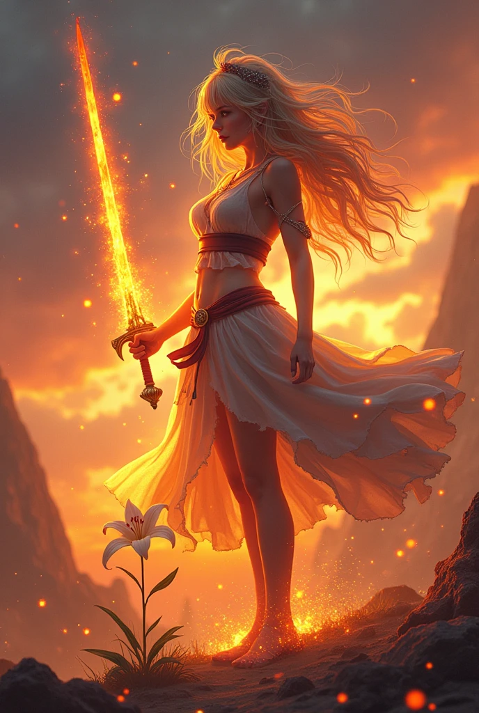 Strong and beautiful woman in ripped clothes shows her thick and sexy thighs, defined and perfect body, blondie hair, orange eyes glowing like light, with an angel&#39;s halo like fire above his head , heroic and imposing pose floating through the chaos scene holding a flaming celestial sword,chaotic scenario in a planetary war, dust particles all over the scene, bomb explosion in the background, 
 (Fotorrealisitic), (High 4K resolution, 8k) High Definition Painting, (sharp focus, realisitic), 