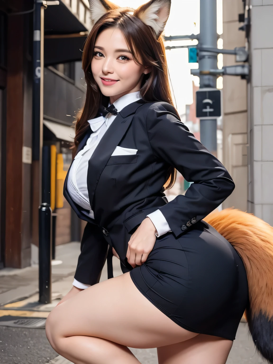 ((Best Quality, 8k)), ((masterpiece)), (Highest Resolution), Perfect Face, Woman with fox ears, Office Lady, Beautiful woman, It was taken on a street corner, Only one tail, She has thick thighs, Her big fox tail, I can see her fox tail, She wags her tail, With collar, She is wearing a business suit, Big Hips , Her fox tail is sticking out, smile