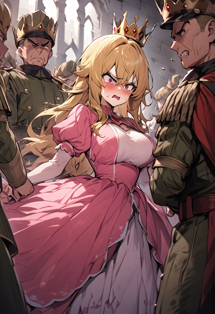 Inside the castle、Best Quality、blonde、Large Breasts,(Frustrated face),Long Hair,((A girl wearing a crown and an all pink dress)),(be held down by a large number of soldiers)