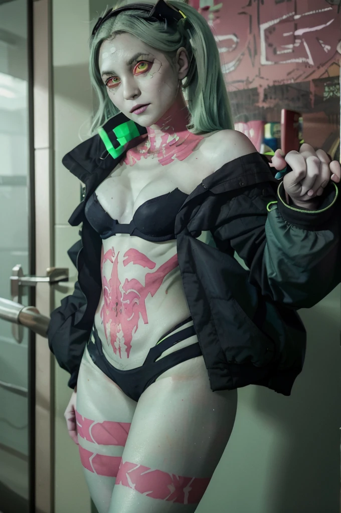 (SFW), cprebecca, rebecca, beautiful full body girl standing and looking forward, round face, tender face, metallic-like skin, colored skin, white skin, green hair, twin tails, artificial eyes, green eyes, green iris, red sclera, black jacket, black bra, black panties, only pink tattoos