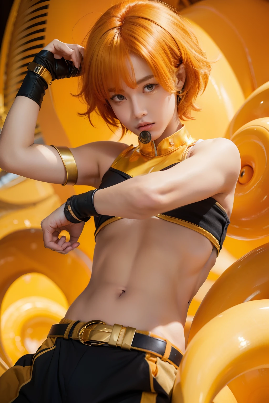 Arafed Asian woman with orange hair and shaved body posing naked, fluffy orange skin, covered with shiny golden oil, juicy human-like peach, anime character; full body art, covered in oil, Also, full-cosplay, ayaka cosplay, fluffy body, furry body, cosplay, Slimy and hot, leeloo, shaggy orange body