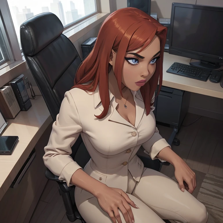 (masterpiece, high quality) woman, formal business suit, shirt, pants, solo , looking at viewer, perfect face, suits tan, tan colour, white shirt,sexy breasts,fit super model body, fit_business_suit s, crystal blue eyes, eyelashes, makeup, skyscraper, full body, she is the boss, ultra quality 4k, super confident, sit like the boss, [From Below, Looking Up][Modern Office Setting]