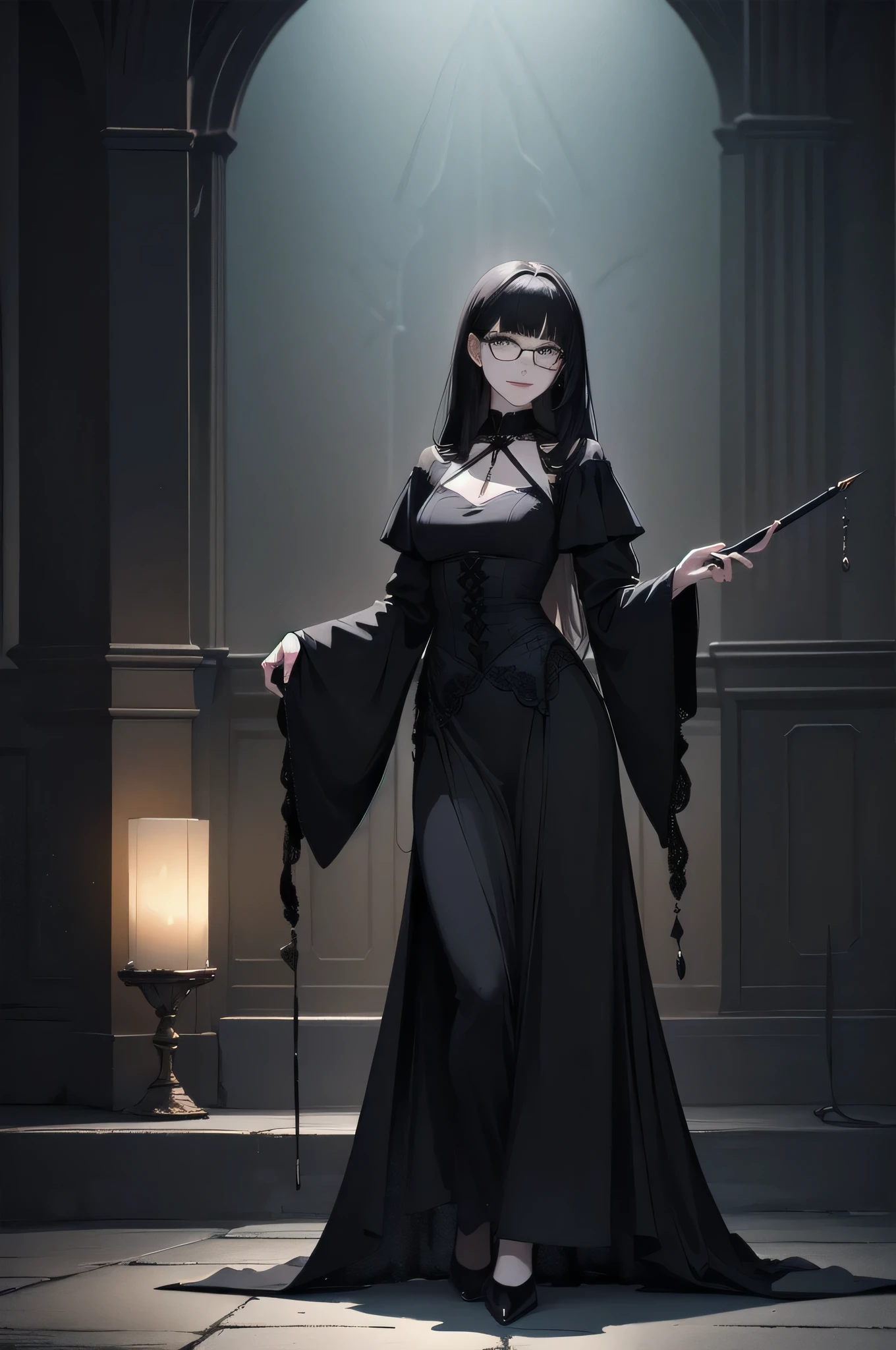 beautiful girl、cute、、smile、Glasses、Black Hair、Long Hair、Straight Hair、bangsBangs、Bangs、Long skirt、Black pumps、Magic wand、witch、beautiful girl、Gothicドレス、Long Dress、(Best Quality,4K,High resolution,Masterpiece 1.2),Very detailed,Real 1.37,Spooky altar background,Dark fantasy,Black color scheme,Ominous atmosphere,Eye-catching,Storytelling,Anime Style,Concept Art,Inappropriate behavior,,beautiful, Delicate facial features, pale Skin, Dark Background、Dark Background, Cinema Lighting, Dramatic Shadows, Gothic, Gloomy atmosphere, Dark fantasy, One person&#39;S, Red cheeks, ,(Blood splatter 1.3),Scary smile, smile,TwiSted smile、Bloody,(Blood splatter 1.3),Horror Style, ((Frilled Black Costume)), ((Flowing Black Hair)), Female Curves, Sexy flat stomach, Perfect hands, Perfect anime character face, (Black Dress)), Standing, ((Evil smile)), ,(Dark fantasy1.3), Moonlight Illumination, night lighting, (Blood splatter 1.3),Anime Angel Design, Gothicarchitecture、architecture、Western architecture、Fantasy World、,Victorian city, Skeleton Gas Light,Absurd, High resolution、 ((Tabletop)), ((Best Quality)), (Very detailedな), ((Very detailed)), (beautiful), ((cute)), One personで,(1.6)、beautiful face、Full Body Ezbian、pale, beautiful肌、Big Breasts、beautiful black hair、Long Hair、Smiling Kindly、Dark building ruins、(snow white&#39;Frill dress 1.3)、(The dark ruins are Bloody 1.3)、Low angle full body shot、(Glasses 1.2)、(Creepy 1.3)、(The girl lost a lot of blood............1.3)、(crazy smile1.6)、(Blood dripping from the mouth 1.3)、（Glasses 1.5）、Wearing Glasses、Droopy eyes、Glasses、Gothic Dress、bangs, Long Hair, Black Hair、Dark fantasy 、background