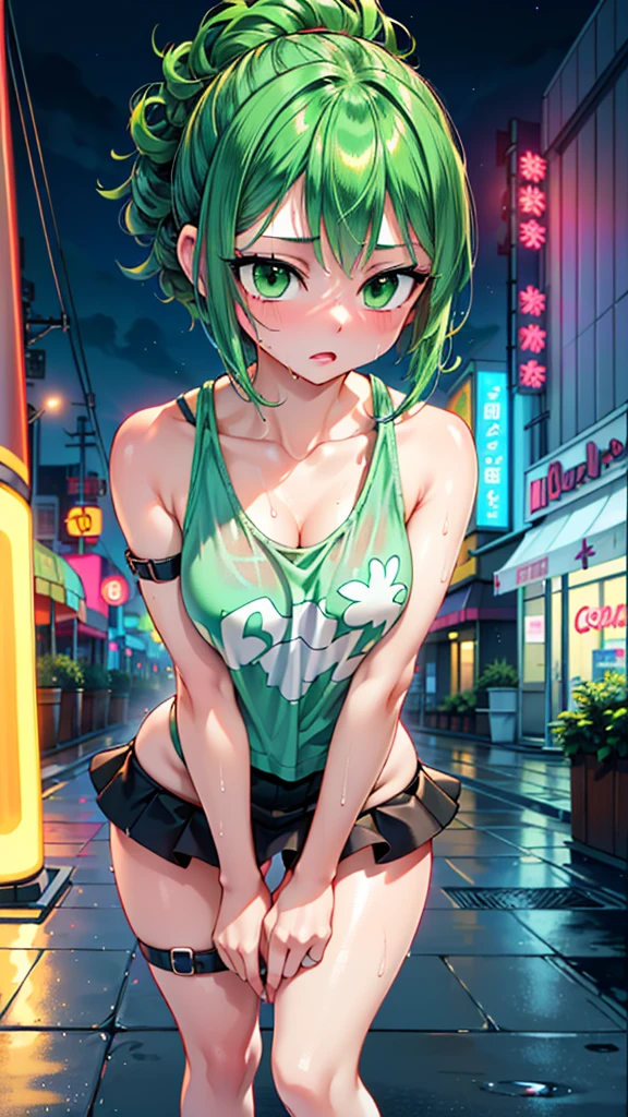 girl youtuber,(((1girl))),((extremely cute and beautiful green curly-haired girl)),

(short breasts:1.4),big butt,(((green curly hair:1.35,very curly hair,colored inner hair,ear breathing,short hair))),(((green_eyes:1.3))),intricate eyes,beautiful detailed eyes,symmetrical eyes,big eyes:1.3,((fat)),(((lustrous skin:1.5,bright skin: 1.5,skin tanned,shiny skin,very shiny skin,shiny body,plastic glitter skin,exaggerated shiny skin,illuminated skin,wet legs))),detailed body,(detailed face),

cute,slutty,seductive,erotic,(((nsfw))),

zettai ryouiki,revealing clothing,show skin,((rave mini-skirt,visible thong straps,white loose tank top with an anime art print)),((wet clothes,intricate outfit,intricate clothes)),

(dynamic pose:1.0),embarrassed,(centered,scale to fit dimensions,Rule of thirds),

cyberpunk city by the ocean at night, with bright neon signs and dark stormy clouds and puddles, scenery:1.25,

artistic photography,(photography taken by sldr),highres, sharp focus, (ultra detailed, extremely detailed), (photorealistic artwork:1.37),(extremely detailed CG unity 8k wallpaper),((synthwave background theme)),(((vibrant colors))),(intricate background),(masterpiece),(best quality),