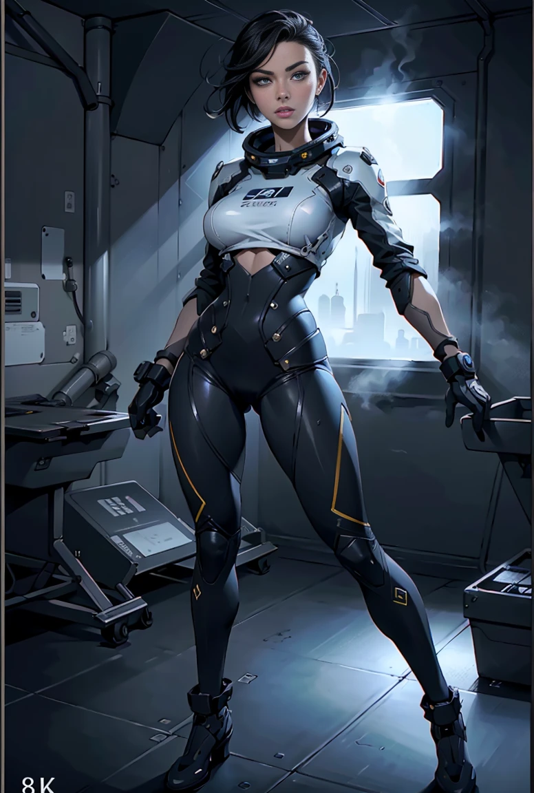 pinup space suit, fullbody view, (best quality,4k,8k,highres,masterpiece:1.2),ultra-detailed,(realistic,photorealistic,photo-realistic:1.37),hyperrealistic, highly detailed, dynamic pose, beautifully detailed eyes, lips and face, flawless skin, intricate details, atmospheric lighting, cinematic composition, dramatic shadows, vibrant colors, striking contrast, glossy materials, futuristic, science fiction, 1girl