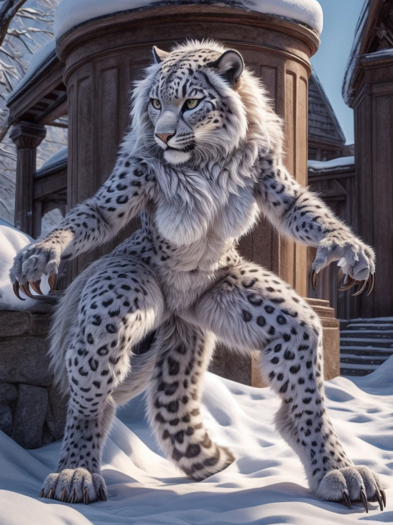 Snow leopard, humanity, Fuzzy, woman, very detailed fur, Naked, Female attacks, detailed body, perfect detailed hands, 4 fingers with medium-length claws, 3 toes with long claws, baring one&#39;s teeth, evil eye, perfect full breasts with nipples, dark inconspicuous vagina outdoors, Soles and pads, with mane, Mountains, Highest quality, photorealistic, high resolution, visually breathtaking (Detailed lighting), Natur, clear starry sky, Night