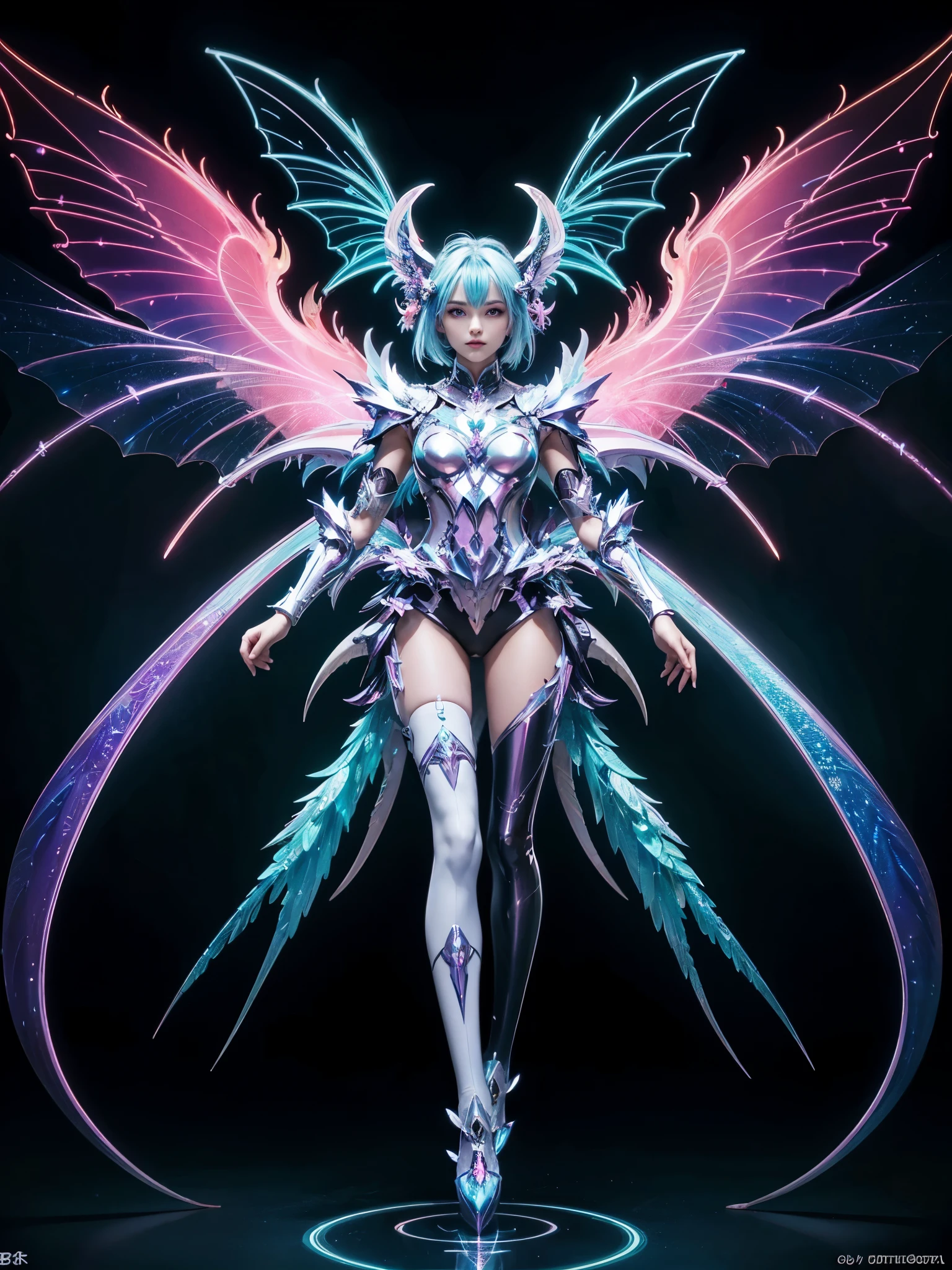 1girl, Armor, Wings, beautiful dragon, futuristic evolved Nekomata, (Neon glowing body), 2 tails, holographic, (The wings are symmetrically paired;1.5), Tricolor color body