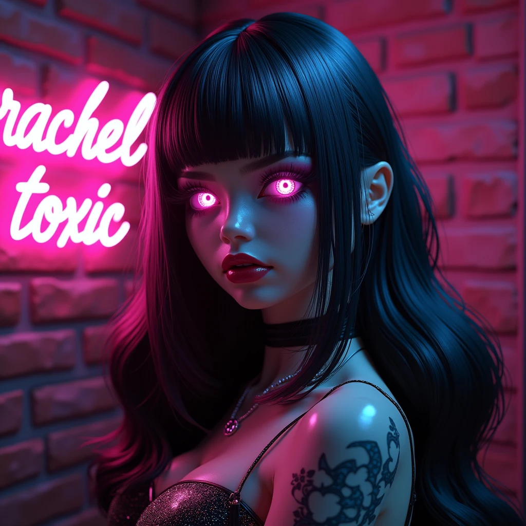 A highly detailed and intricately rendered illustration in the distinctive style of Todd McFarlane, featuring a stunning full body shot of a beautiful blonde pinup rocker woman with piercing blue eyes, prominent cheekbones, and a small nose ring. She wears a tight-fitting black tanktop with the word "Grime" emblazoned in bold, graffiti-style letters, the font reminiscent of heavy metal logos. Her blonde hair is styled in loose, flowing waves, with a few strands framing her face. Her skin has tattoos all over, and has a subtle, golden glow, as if illuminated by the intense spotlight of a rock concert. The background is a dark, muted gray, adding to the overall edgy, high-contrast aesthetic of the piece. The illustration is alive with texture, from the wrinkles on her shirt to the fine lines on her face, capturing the intensity and energy of a rock star in her element. The overall mood is one of  confidence and unbridled energy, as if she's about to take the stage and unleash her inner fury.