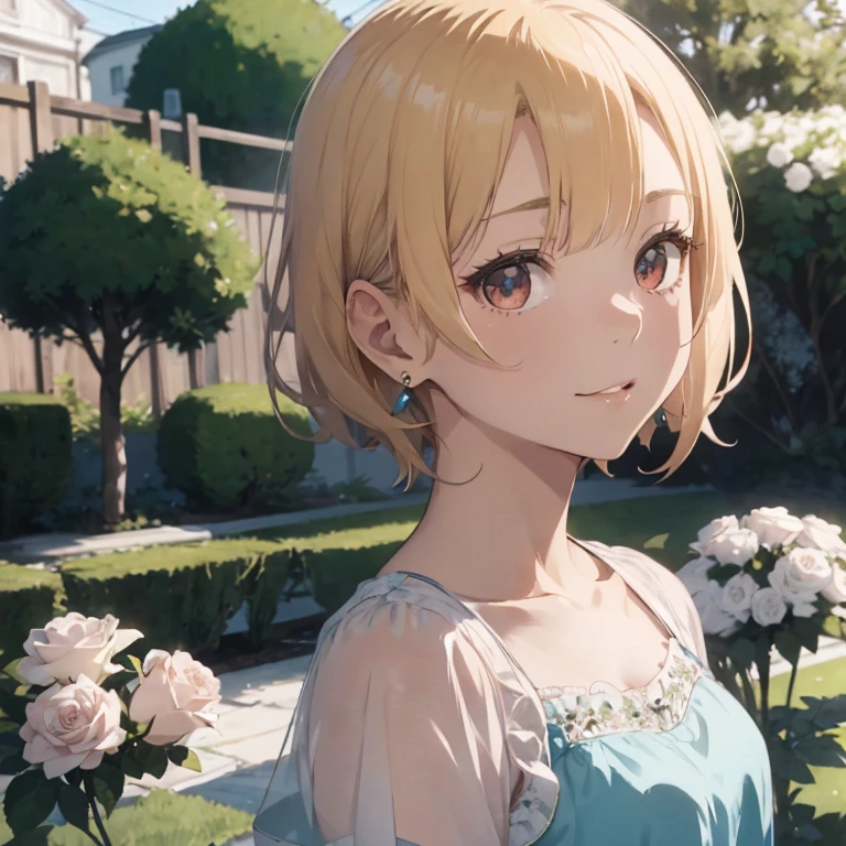 8k, RAW Photo Fujifilm, Avril-inspired photo of a beautiful young woman in a garden of pale pink roses (Highly detailed skin: 1.2) Style Petal Break Short Hair, Blonde and colored hair, Wear a dress, Film Granulation, 35mm, Cute Style,She is wearing light blue teardrop-shaped earrings.