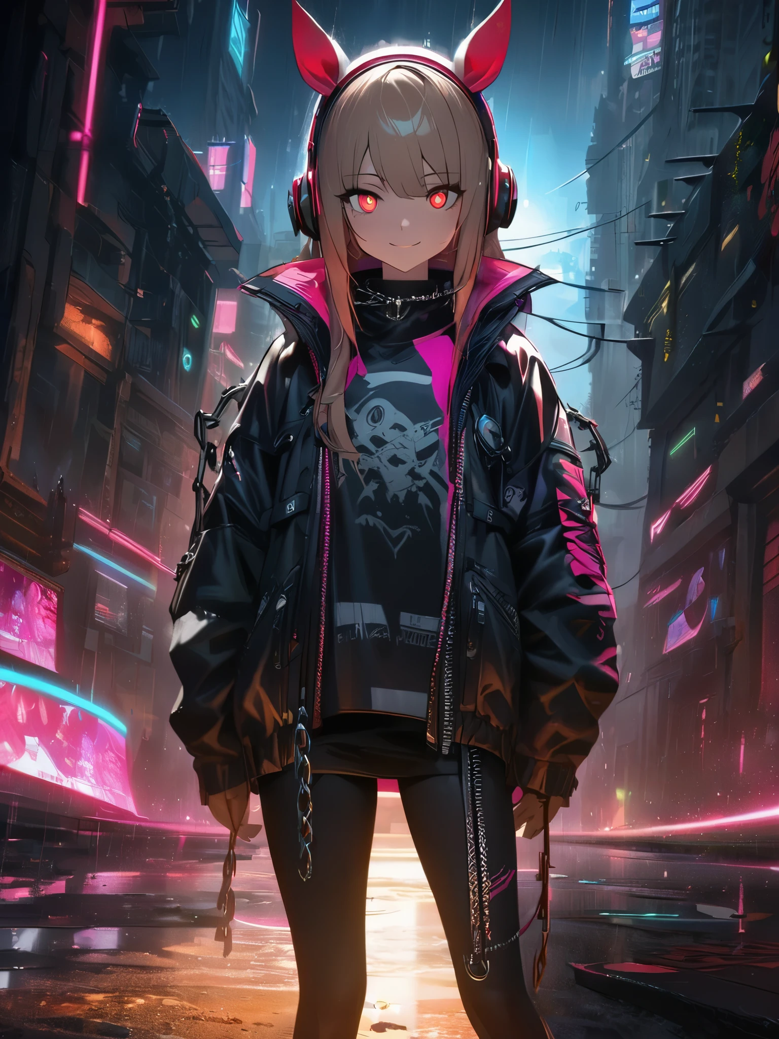 1 Girl, chromatic aberration, Written boundary depth, Soft Light, masterpiece, Highest quality, complicated, Tone Mapping, Very deしっぽed, Art Station, Concept Art, Smooth, Clear focus, Dramatic lighting, Very deしっぽed artwork, movie, super practical painting, Art Station's trending, 8K, Incredible Shadows, practical, (Very deしっぽed background:1.0), whole body, View, Viewers, Very deしっぽed portrait of one girl 1, standing on street corner, Heavy rain and lightning、Dark Sky, neon and cyber punk background, she is dressed in punk clothing with silver chains and silver spikes, Her hair was dyed a bright black color.,The middle part is black, She wears headphones, Deしっぽed red eyes with clear pupils, Ominous aura of light, Sad face, punk, ciber punk, Backlight.No knowledge of horses'