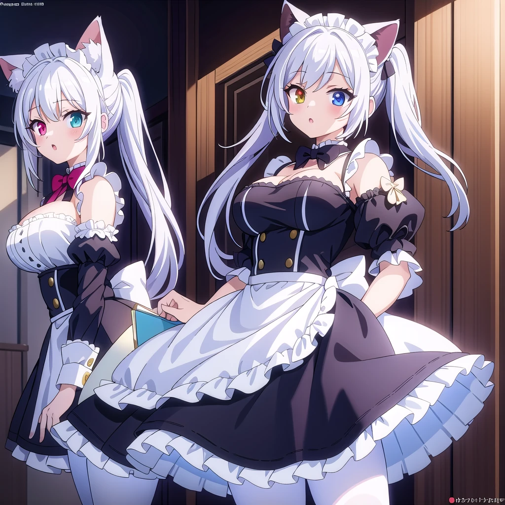 Female wolf, wears short maid clothes showing her panties, has long fluffy blonde hair, has red eyes, has large breasts, He has wolf ears and a wolf tail.