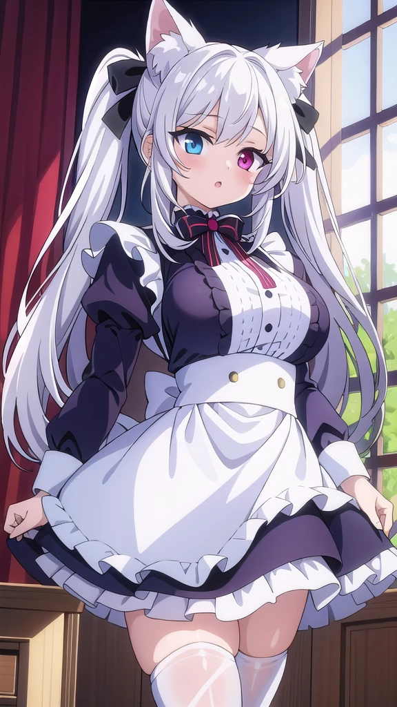 ((masterpiece)),((best quality)),ultra-detailed,illustratio,Grayfia Lucifuge,1girl,red lips,maid headdress, solo, braid, lipstick, grey eyes, grey hair, thighhighs, large breasts, makeup, breasts,twin braids, crossed legs, cup, garter straps, teapot, long hair, teacup, maid, sitting, apron, white thighhighs, looking at viewer, fishnet thighhighs, cleavage, fishnets, smile,wallpaper,ultra highres,4K,(Beautiful, large breasts:1.2),(beautiful face:1.2),(narrow waist),shiny skin,official style,anime screencap,(full body:1.2),anime coloring,mature female,