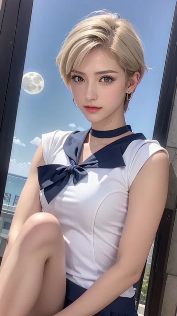 woman、Age 30、Beautiful Face、Fighting Warrior、Sailor Uranus、Sailor Uranus、Perfect Style、Short blonde hair parted in the middle、 Sharp Eye、sexy、summer、Leg length、big 、The corners of the eyes are raised、Tall、High image quality、High resolution、Portraits、Wide-angle shot、temple、universe、moon、