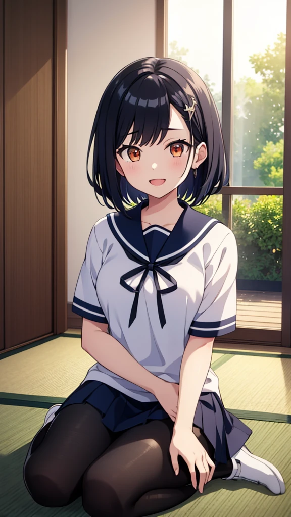 ((masterpiece, Best Quality, Very detailed, Very nice 8K CG wallpaper)), , A little thick, Medium Hair, Slightly dark blue black hair, Short Hair, Dark orange eyes,judo player、Sailor style uniform、Large bust、Sailor suit、mini skirt、judo、Cute expression、Inside the judo Gymnasium、、On the tatami、discovery、One Girl、whole body、rest、Shiraishi Apricot、Bust size: D cup、幼い頃judo家によって育てられた