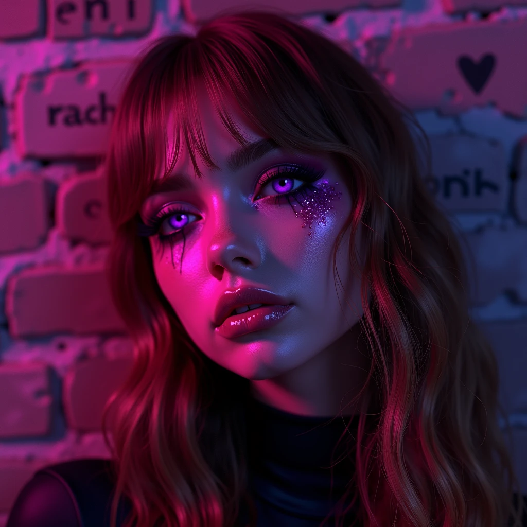 dark shot, city street, pastel goth, sexy goth girl, photo of cute 24 y.o redhead woman, cinematic shot, hard shadows, photorealistic, cute face, looking at viewer, glitched face effect, shattering skin effect, colorful outfit, witch purple clothes, glitched background effect
