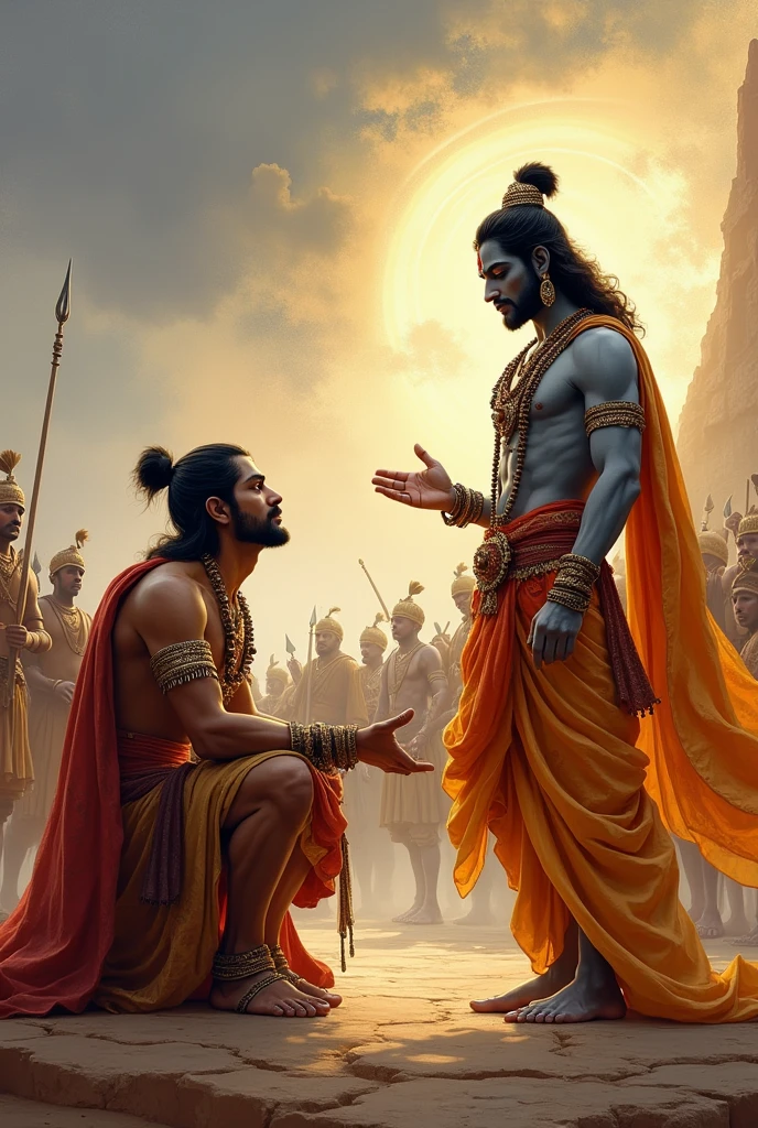 ((Shri krishna in his best ancient Hindu warrior attire , universe form, giving knowledge of Geeta to Arjun, Arjun is the greatest warrior , muscular , bend in knee  warrior attire like dhoti and  shield like attire,Arjun is looking to him with surprise wants to seek blessings, krishna is giving him blessings with his one hand ✋🏻, scene of Mahabharata, ultra HD 4k , krishna multiverse form