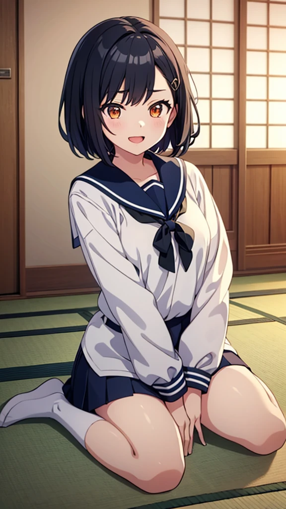 ((masterpiece, Best Quality, Very detailed, Very nice 8K CG wallpaper)), , A little thick, Medium Hair, Slightly dark blue black hair, Short Hair, Dark orange eyes,judo player、Sailor style uniform、Large bust、Sailor suit、mini skirt、judo、Cute expression、Inside the judo Gymnasium、、On the tatami、discovery、One Girl、whole body、rest、Shiraishi Apricot、Bust size: D cup、幼い頃judo家によって育てられた