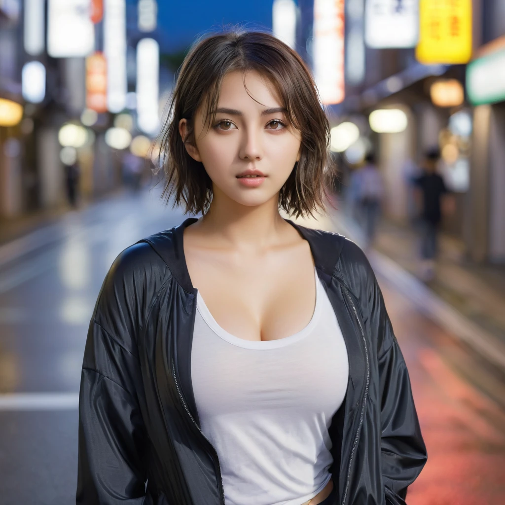 (8K、RAW Photos、top-quality、masterpiece:1.2)、(realisitic、Photorealsitic:1.37)、1girl in、japanes、25-years old、femele、night cityscape、city street at night、blurry backround、(realperson、a picture)、high key lighting、natural soft light、face lights、photon maping、Radio City、(fullnude)、dark brown hair、Detailed face、Detailed lips、Fine-grained skin、(Colossal tits:1.3)、(leather coat)、(Open coat)、(Put on a coat)、(((no brassiere)))、(((no panty)))、a choker、cleavage in long boots、exposed shoulder、Thigh exposure、(cammel toe)、(Dark pubic hair:1.5)、perfectbody、shinny skin、((to stand))、model poses、cowboy shot、Make eye contact with the camera