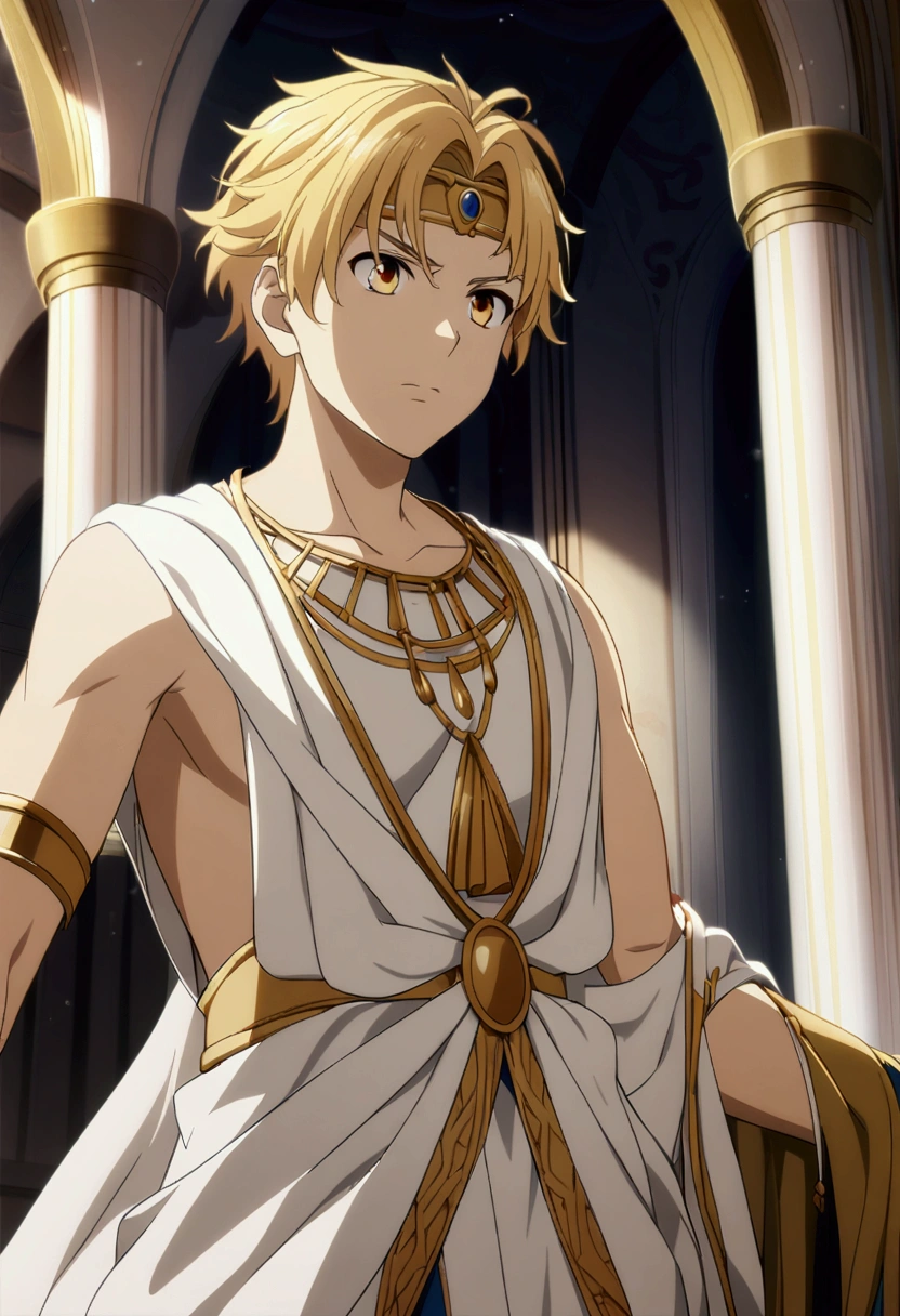 Highres, Masterpiece, Best quality at best,Best Quality,hight quality, hight detailed, 1boy, Boy,Fluffy hair, Side bangs, Shota, Solo person, Thin young boy without a shirt, White hair, Blue eye, Dark skin, Egyptian palace, Ancient egyptian skirt, earrings, bracelets, necklaces, navel piercing, (very  boy), 14-ye-olys, Bry and simple beckground, bokeh, Uhd